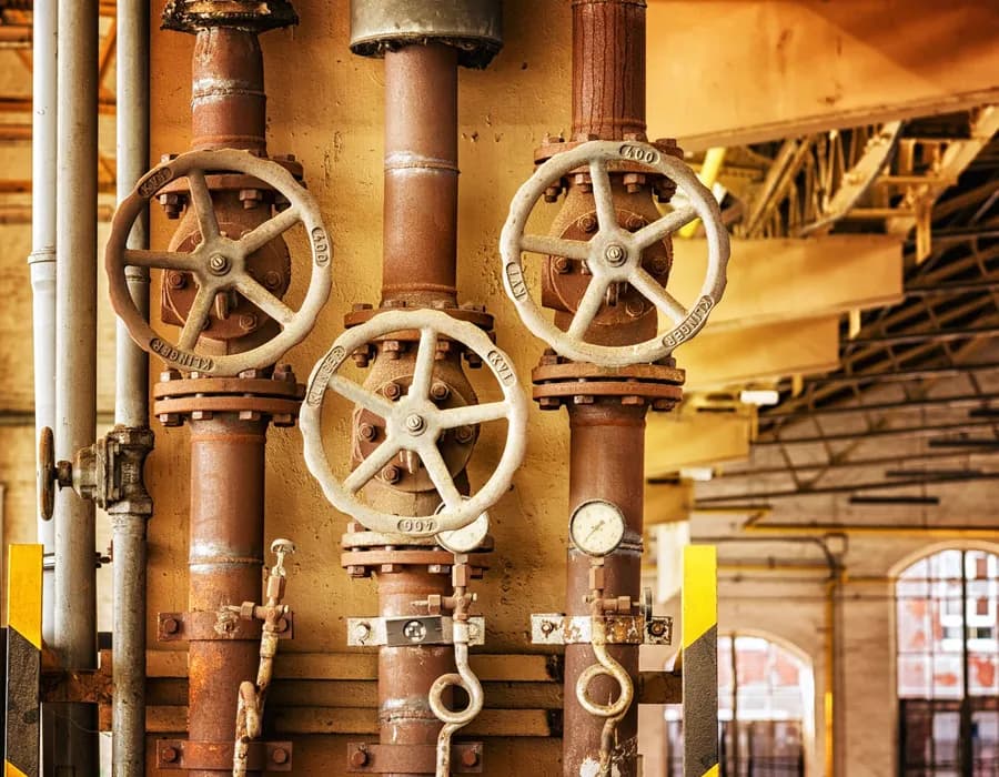 Commercial RO system before maintenance, showing scaled membrane housing and fouled pre-filters