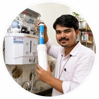 Our RO technician holding a genuine Kent membrane on a service visit in Lucknow