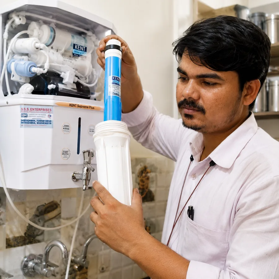Technician fitting a genuine Kent RO membrane during a filter replacement