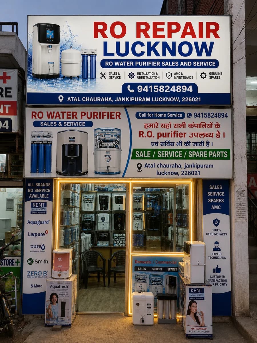 RO Repair Lucknow shop at Atal Chauraha, Jankipuram, stocking Kent, Aquaguard, Livpure and Pureit purifiers