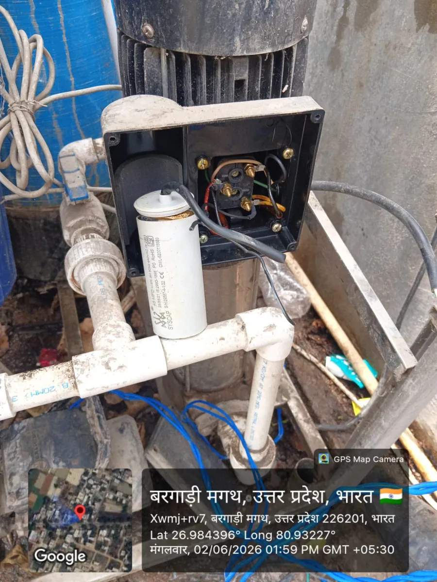 Pump motor repaired in Bargadi Magath, Lucknow — Capacitor replaced and terminal box rewired to restore supply.
