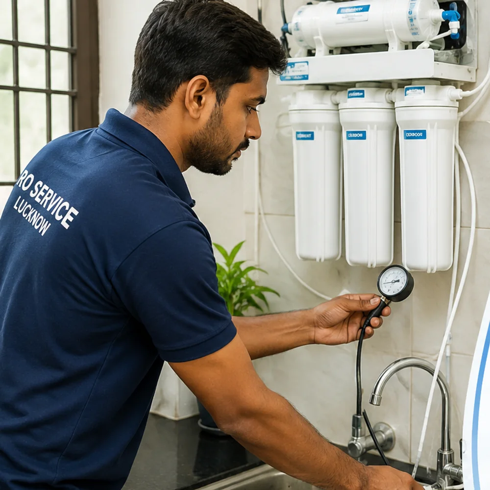 Our technician pressure-testing an RO water purifier with a gauge before finishing the service visit